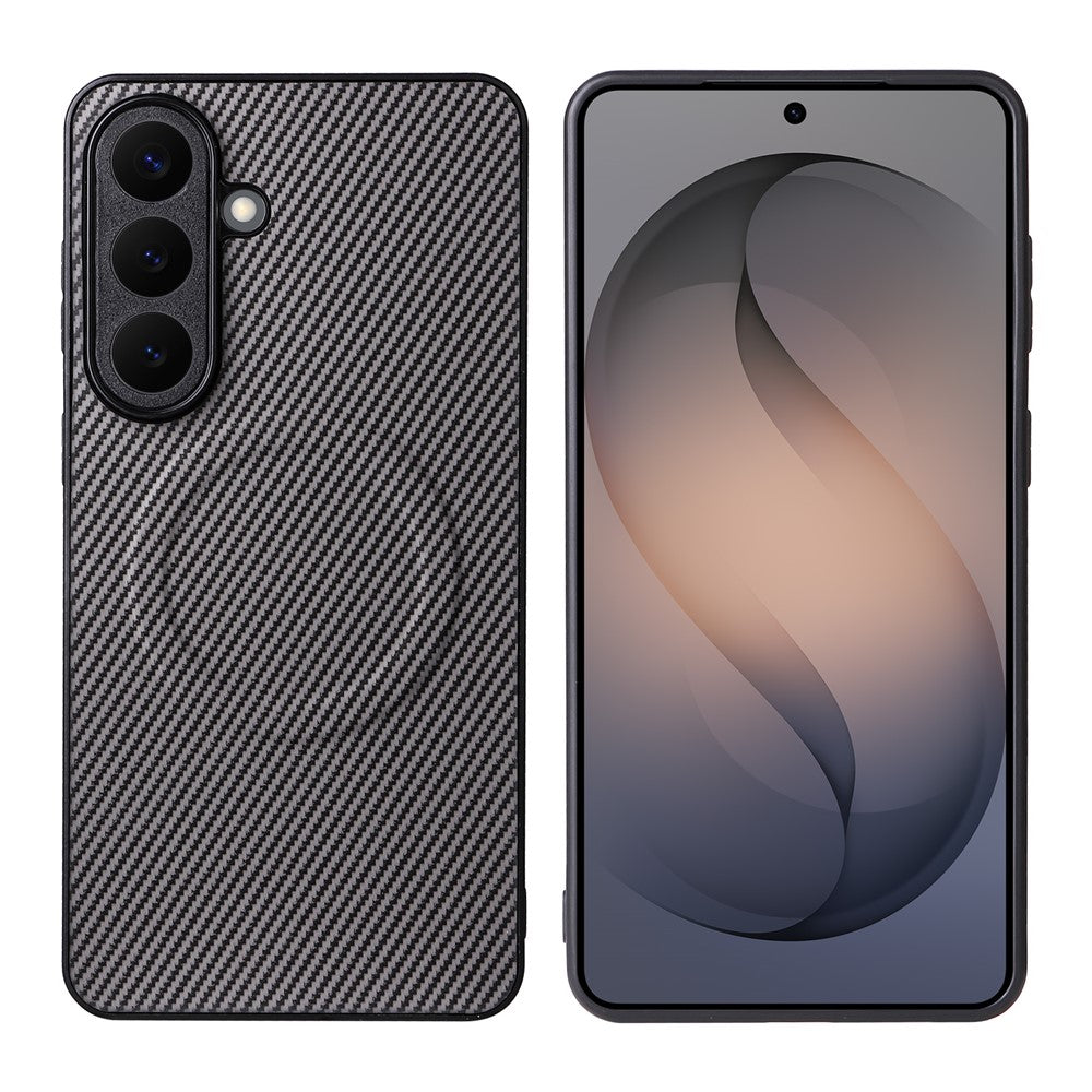 Til Samsung Galaxy S25+ Cover i kulfibertekstur læderbelagt TPU PC telefoncover med metalring til magnetisk bilholder