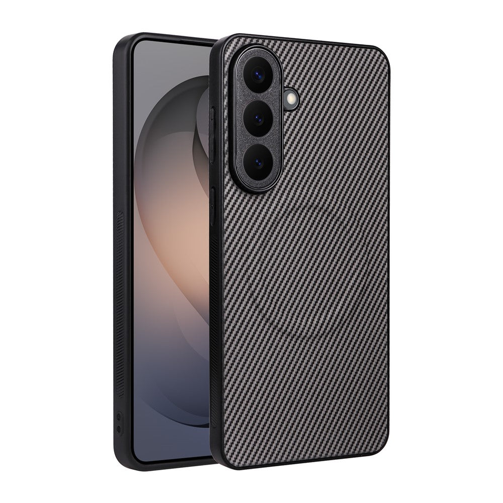 Til Samsung Galaxy S25+ Cover i kulfibertekstur læderbelagt TPU PC telefoncover med metalring til magnetisk bilholder