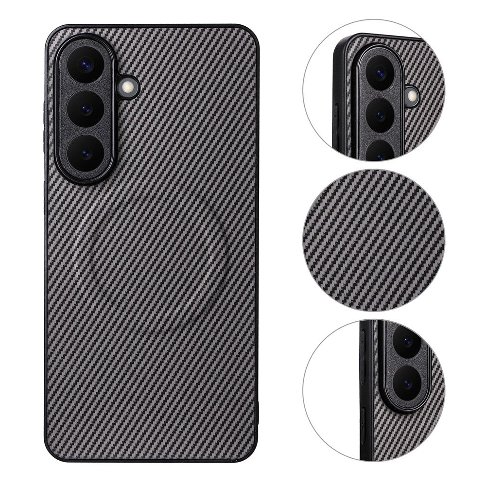 Til Samsung Galaxy S25+ Cover i kulfibertekstur læderbelagt TPU PC telefoncover med metalring til magnetisk bilholder