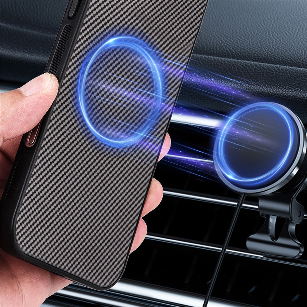 Til Samsung Galaxy S25+ Cover i kulfibertekstur læderbelagt TPU PC telefoncover med metalring til magnetisk bilholder