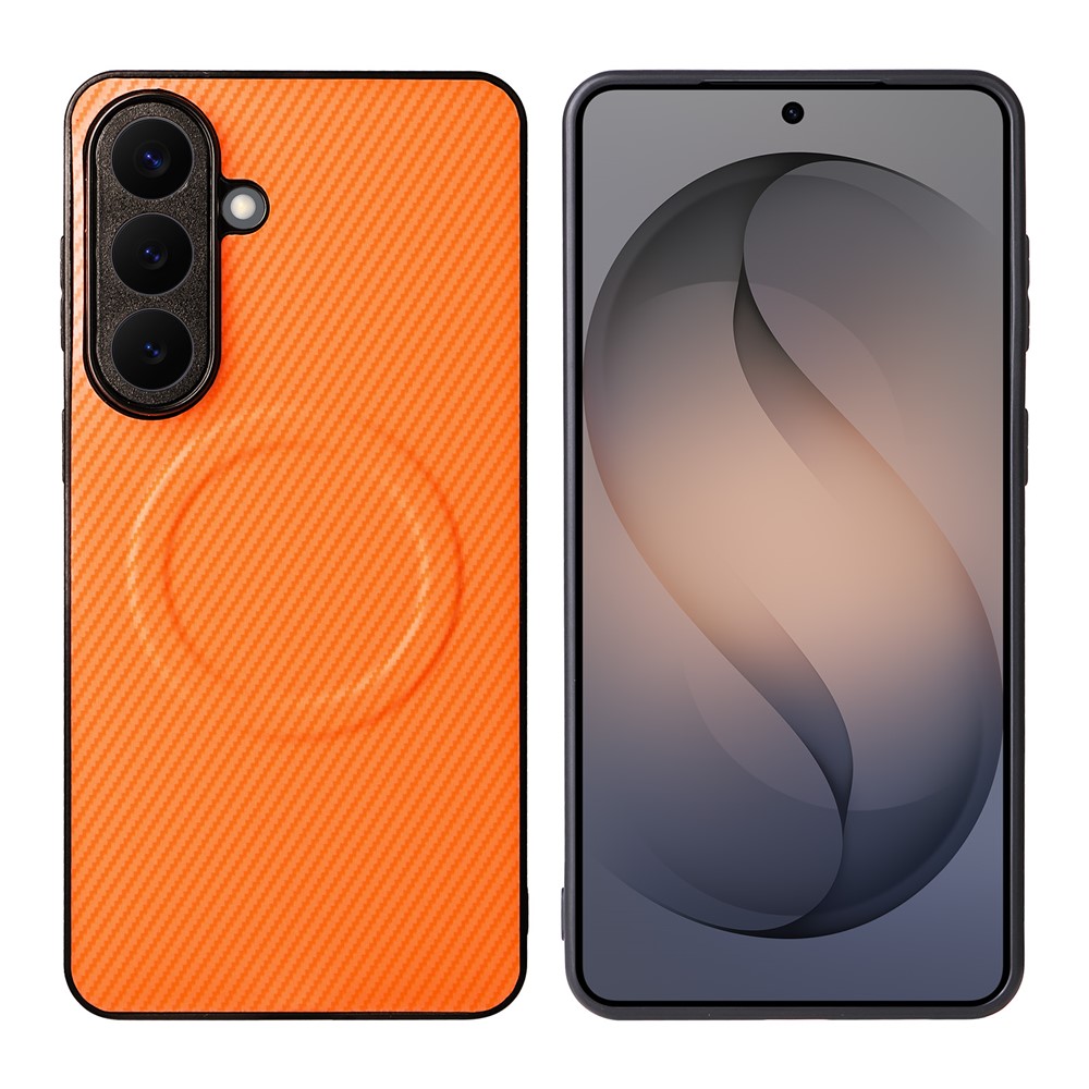 Til Samsung Galaxy S25+ Cover i kulfibertekstur læderbelagt TPU PC telefoncover med metalring til magnetisk bilholder