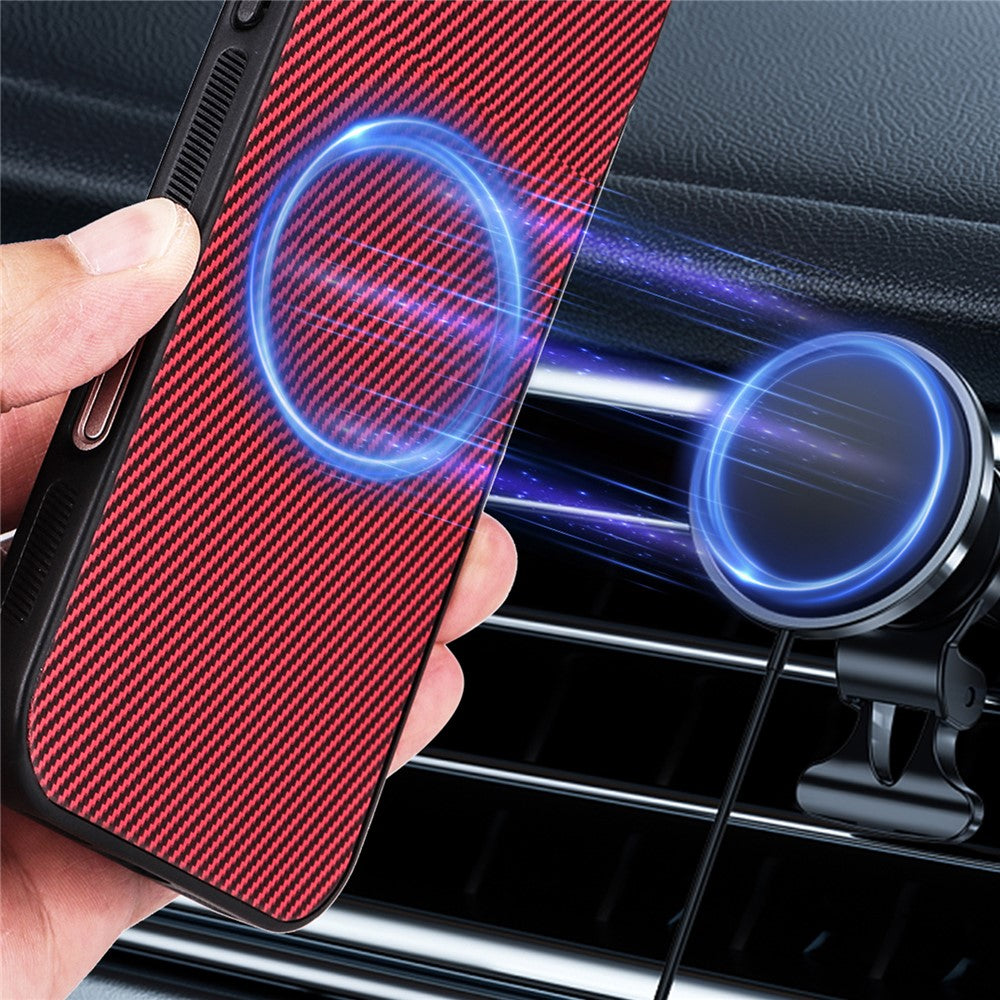 For Samsung Galaxy S26 Ultra Case Carbon Fiber Texture Leather Coated TPU PC Phone Cover with Metal Ring for Magnetic Car Mount