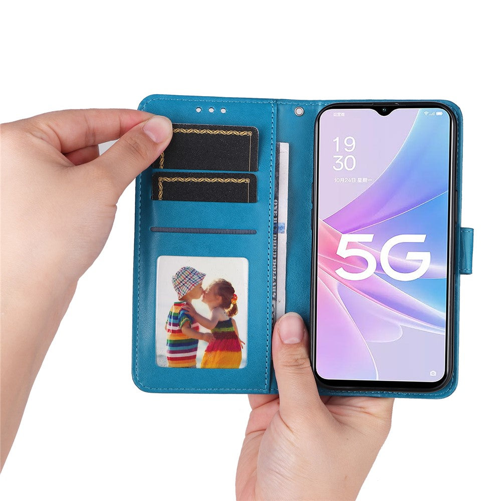 For Oppo A58 5G PU Leather Sunflower Imprinted Phone Case Stand Wallet Folio Flip Cover with Wrist Strap