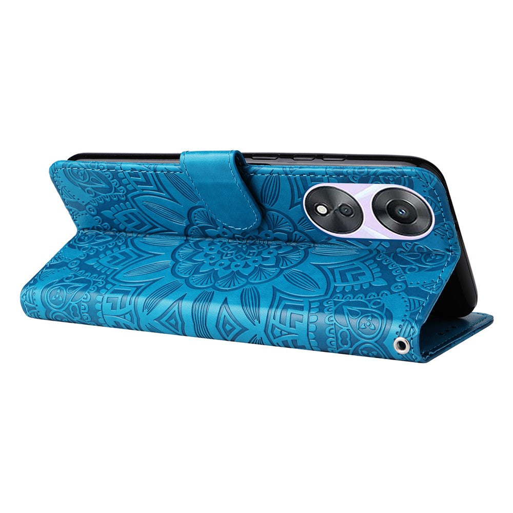 For Oppo A58 5G PU Leather Sunflower Imprinted Phone Case Stand Wallet Folio Flip Cover with Wrist Strap