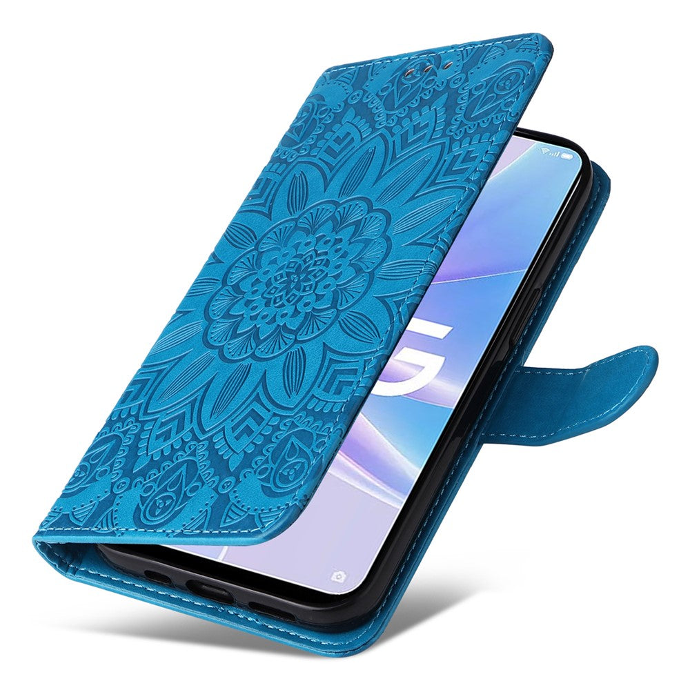 For Oppo A58 5G PU Leather Sunflower Imprinted Phone Case Stand Wallet Folio Flip Cover with Wrist Strap
