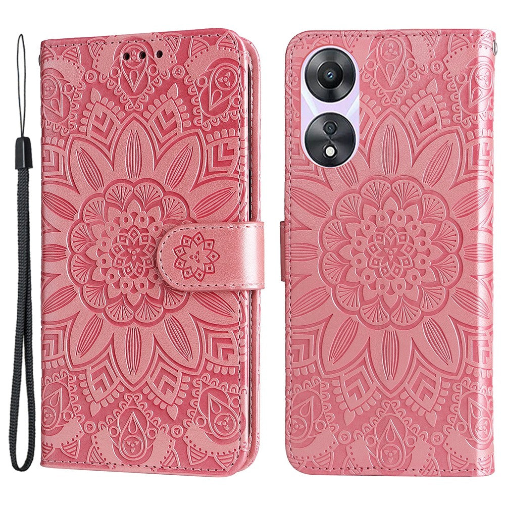 For Oppo A58 5G PU Leather Sunflower Imprinted Phone Case Stand Wallet Folio Flip Cover with Wrist Strap