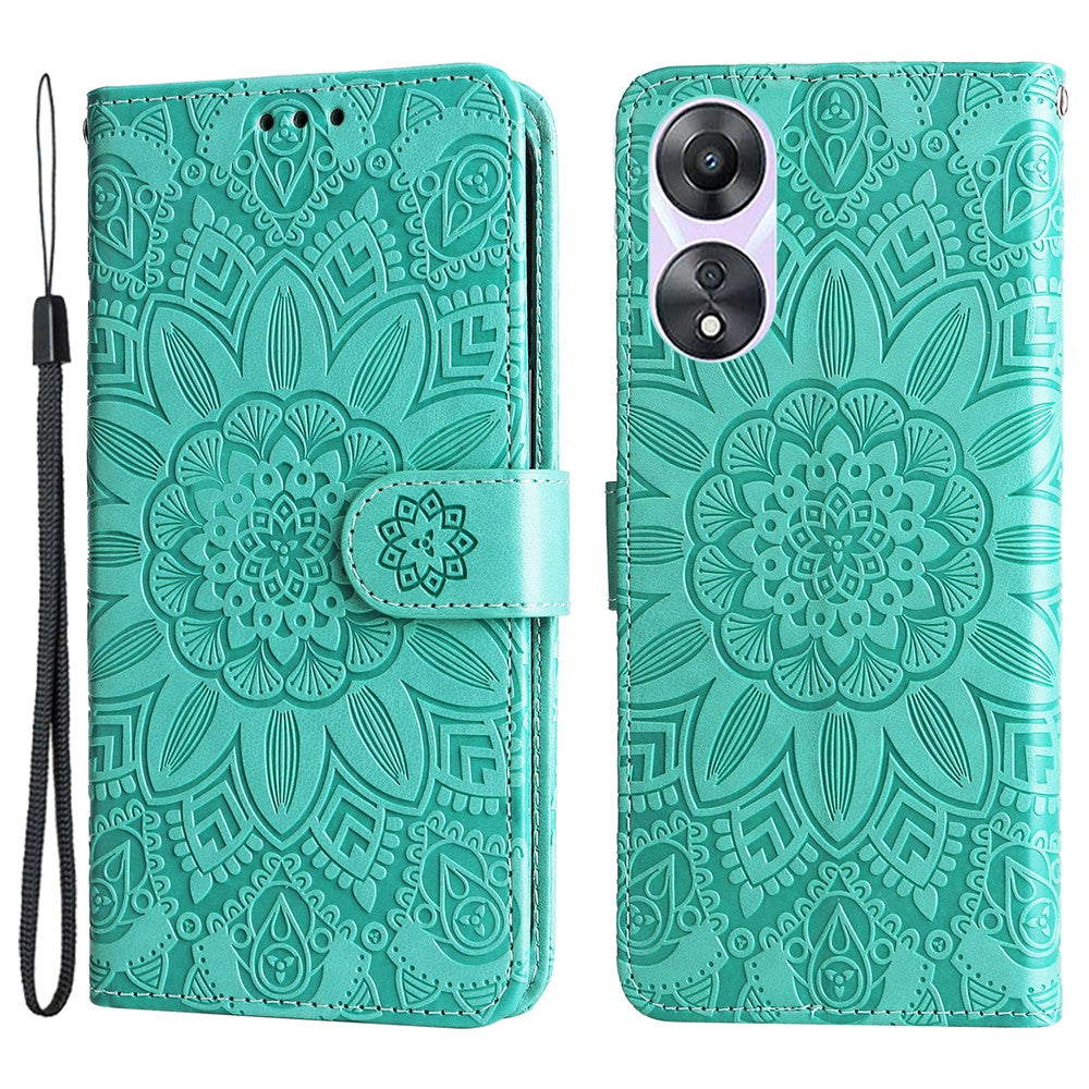 For Oppo A58 5G PU Leather Sunflower Imprinted Phone Case Stand Wallet Folio Flip Cover with Wrist Strap