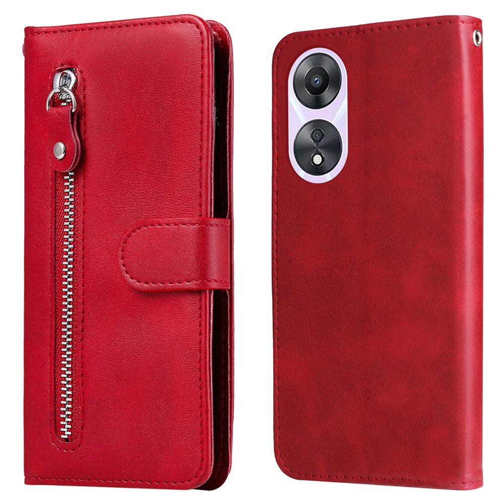Calf Texture Phone Case for Oppo A58 5G, PU Leather Zipper Pocket Cover with Stand Wallet