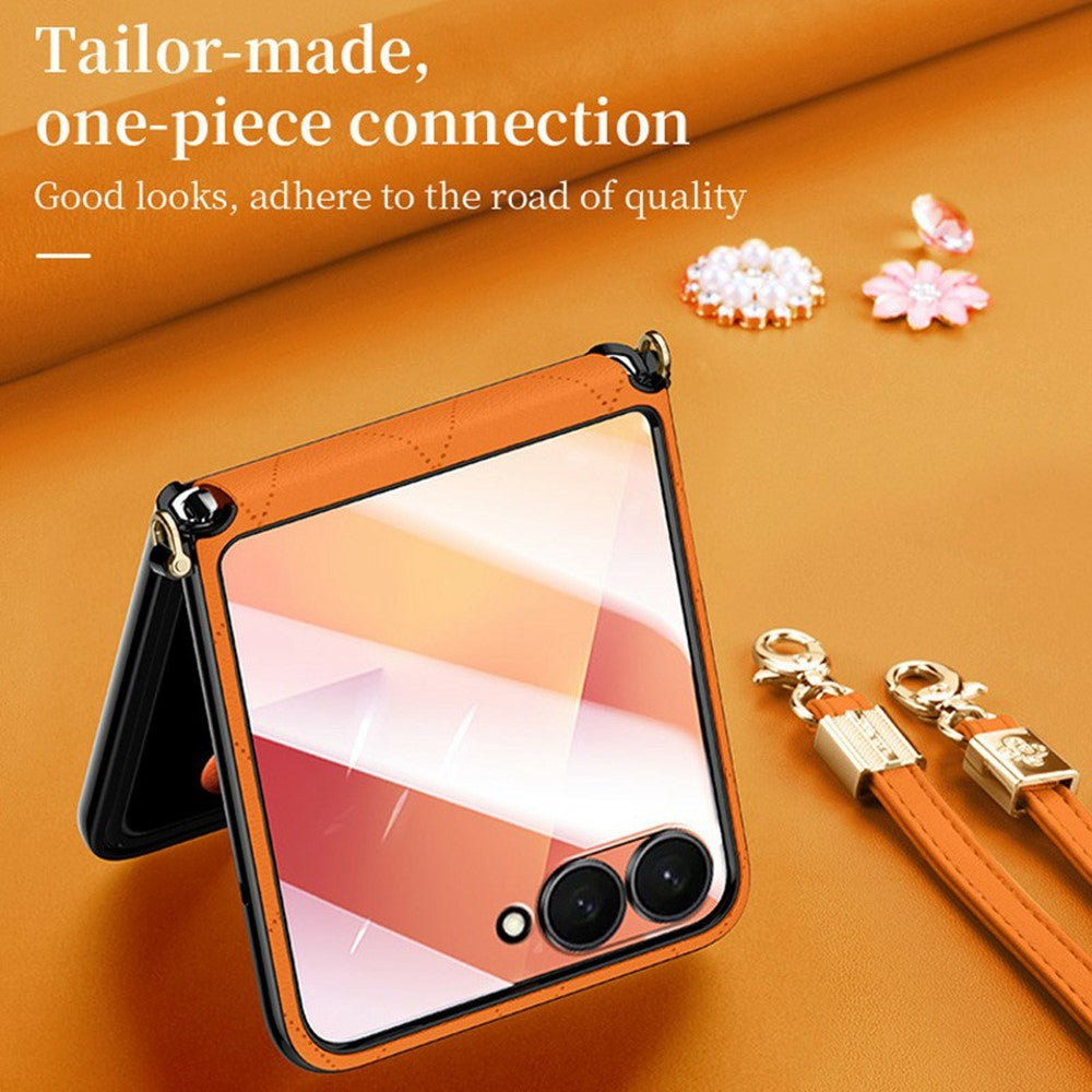 SULADA For Samsung	Galaxy Z Flip8 Case Rhombus Leather+PC Phone Cover with Shoulder Strap