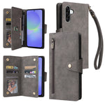 For Samsung Galaxy A27 5G Case Zipper Wallet Rivet Decor Leather Phone Cover with Wrist Strap