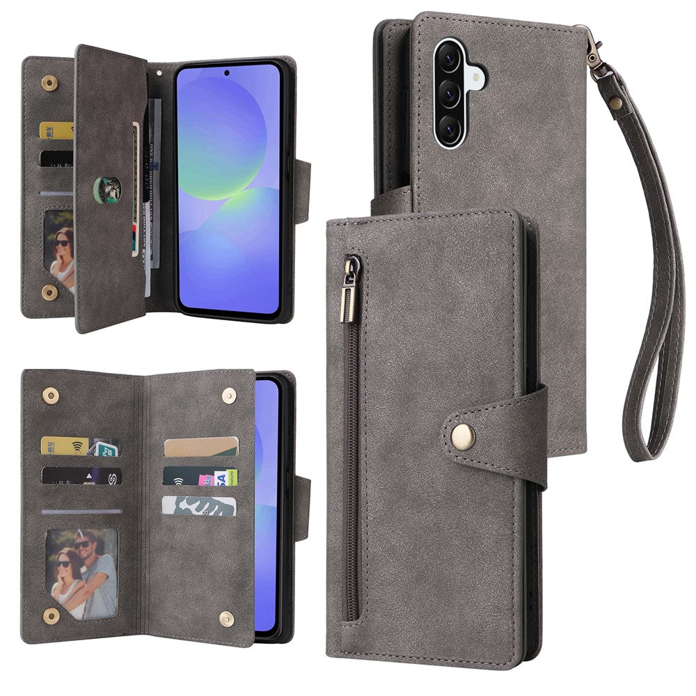 For Samsung Galaxy A27 5G Case Zipper Wallet Rivet Decor Leather Phone Cover with Wrist Strap