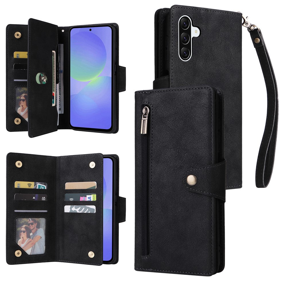 For Samsung Galaxy A27 5G Case Zipper Wallet Rivet Decor Leather Phone Cover with Wrist Strap