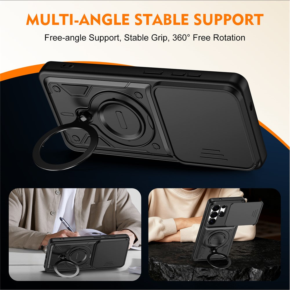 For Samsung Galaxy S26 Ultra Case with Slide Lens Cover Rotatable Kickstand Shockproof TPU + PC Phone Shell