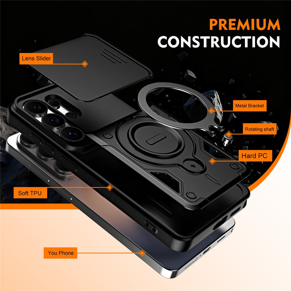 For Samsung Galaxy S26 Ultra Case with Slide Lens Cover Rotatable Kickstand Shockproof TPU + PC Phone Shell