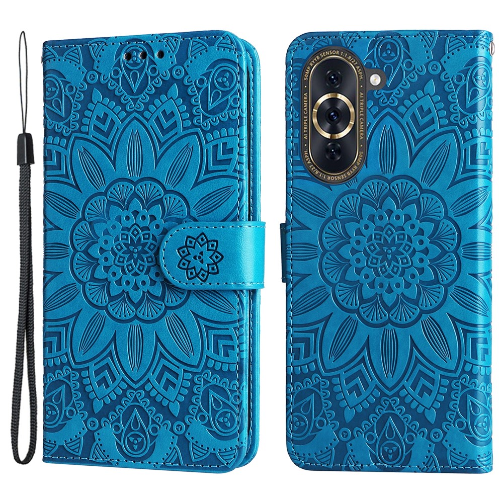 For Huawei nova 10 4G PU Leather Stand Wallet Case Sunflower Imprinted Shockproof Phone Cover with Wrist Strap