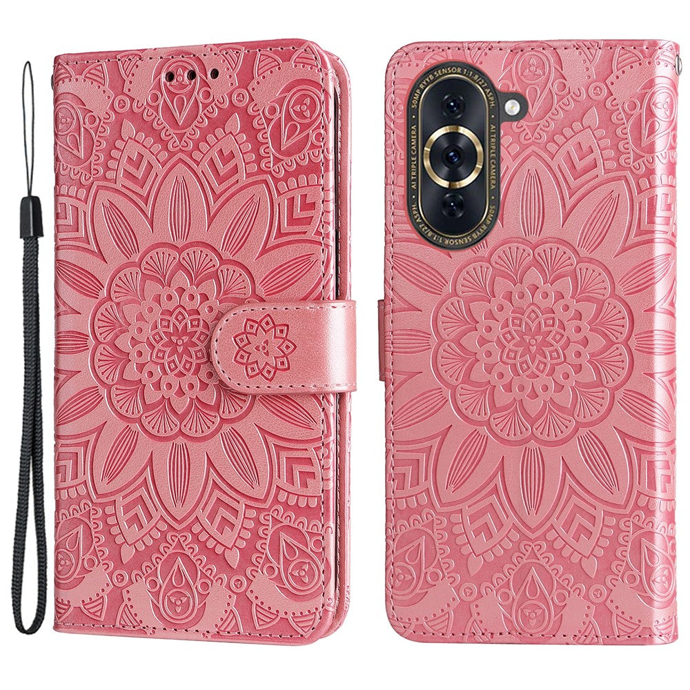 For Huawei nova 10 Pro 4G Sunflower Imprinted Phone Case Anti-scratch PU Leather Stand Wallet Cover with Wrist Strap