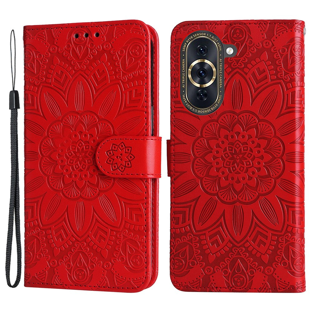 For Huawei nova 10 Pro 4G Sunflower Imprinted Phone Case Anti-scratch PU Leather Stand Wallet Cover with Wrist Strap