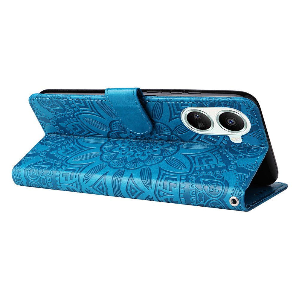 For Huawei nova 10 SE 4G Sunflower Imprinted Phone Case PU Leather Stand Wallet Magnetic Clasp Cover with Wrist Strap