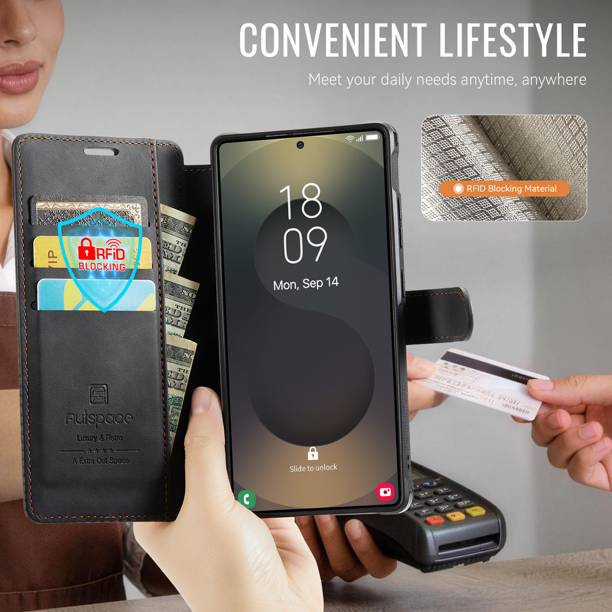 AUTSPACE til Samsung Galaxy S24 Ultra A15 Cover RFID-blokerende pung læder magnetisk telefoncover