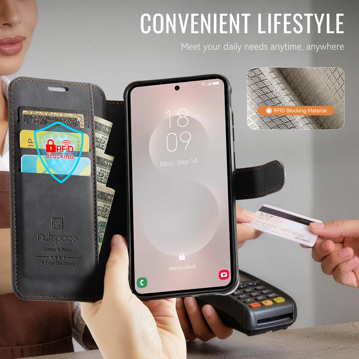 AUTSPACE til Samsung Galaxy S25 Edge A15 Cover RFID-blokerende pung læder magnetisk telefoncover