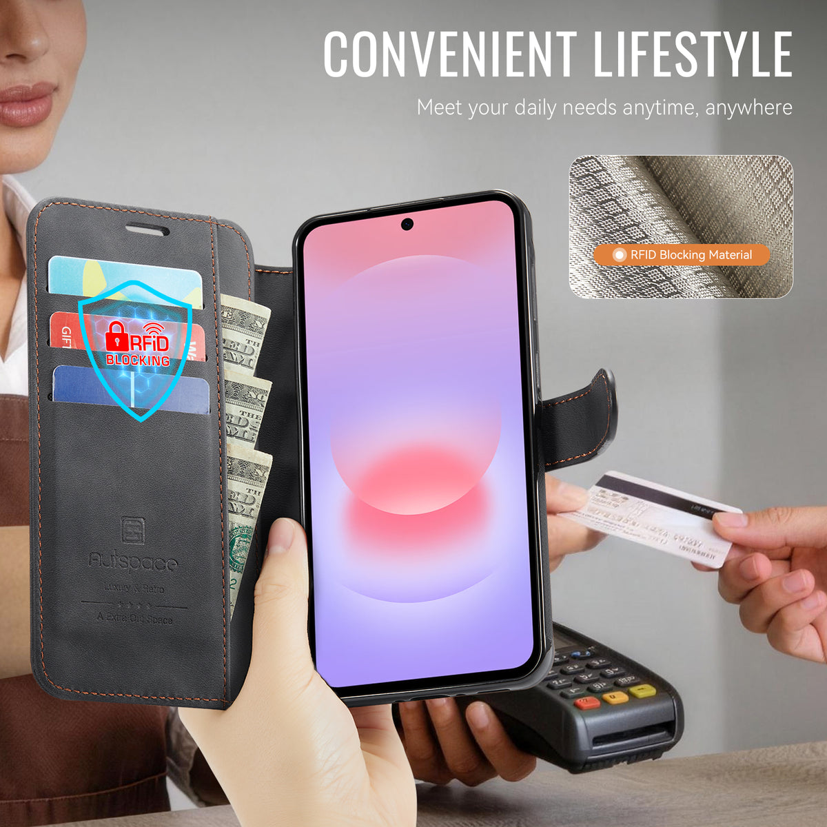 AUTSPACE for Samsung Galaxy A37 5G A15 Case RFID Blocking Wallet Leather Magnetic Phone Cover