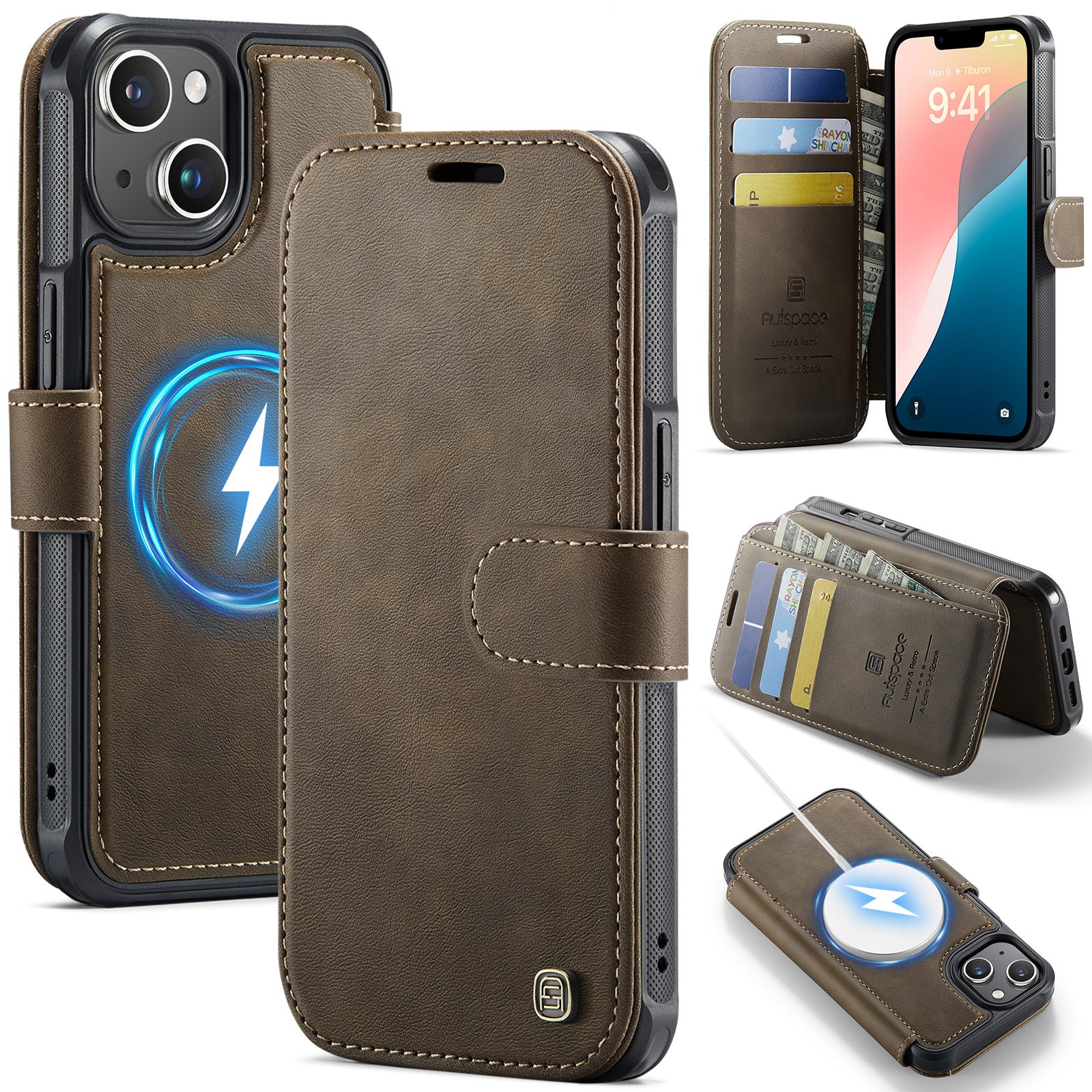 AUTSPACE til iPhone 14 A15 Cover RFID-blokerende pung læder magnetisk telefoncover