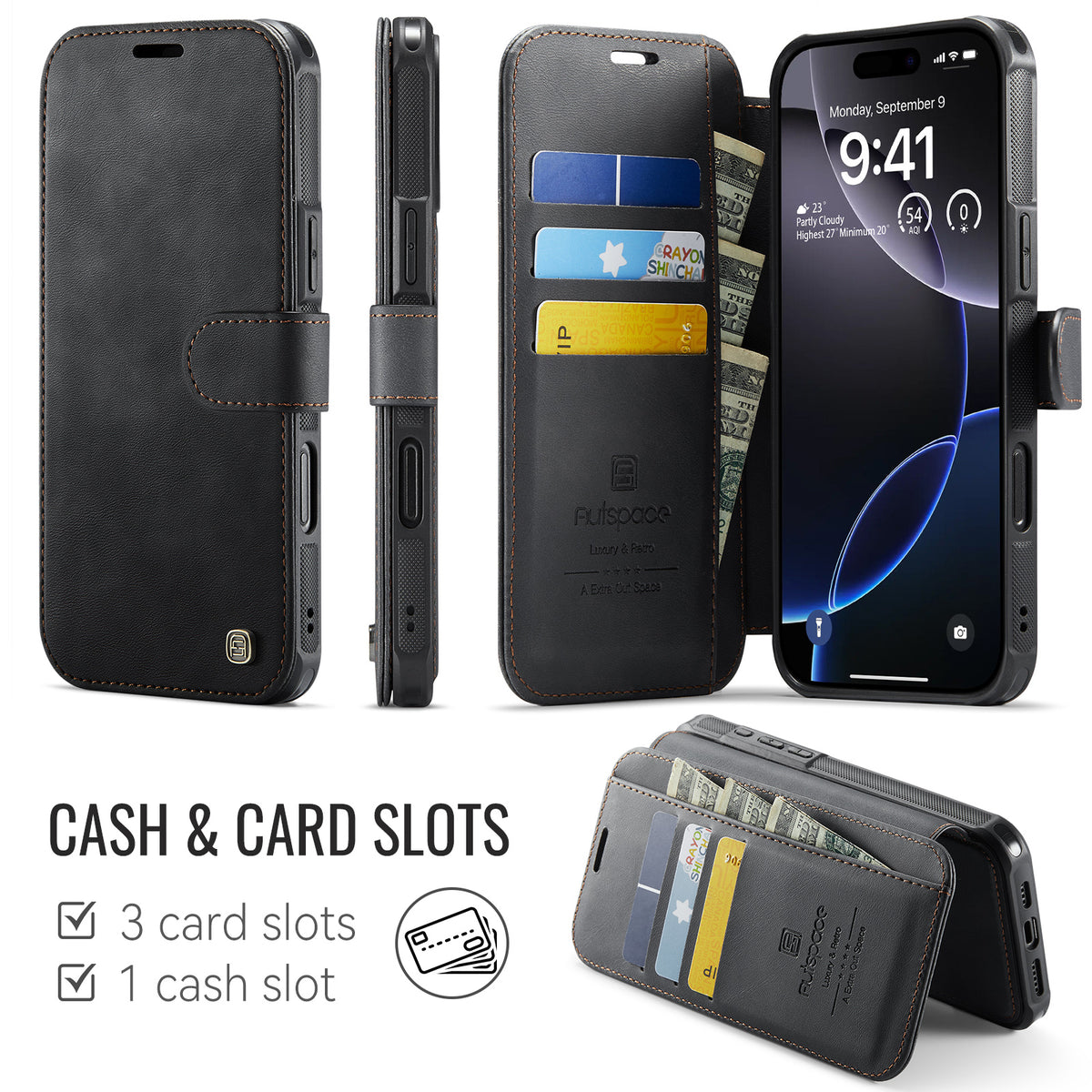 AUTSPACE for iPhone 16 Pro Max A15 Case RFID Blocking Wallet Leather Magnetic Phone Cover