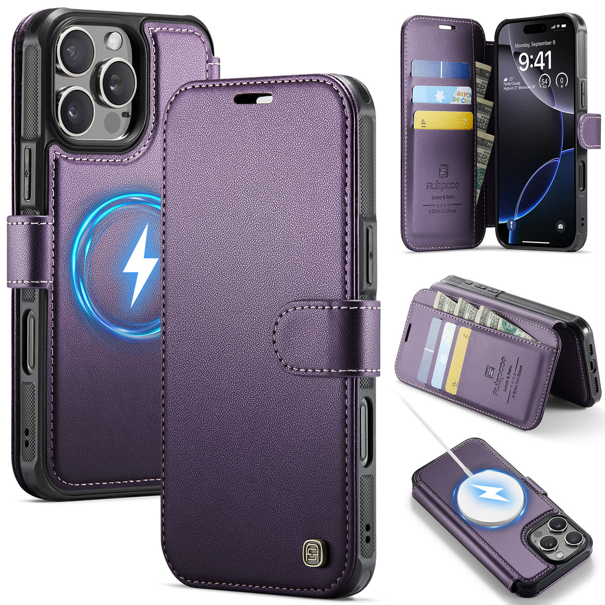 AUTSPACE for iPhone 16 Pro Max A15 Case RFID Blocking Wallet Leather Magnetic Phone Cover
