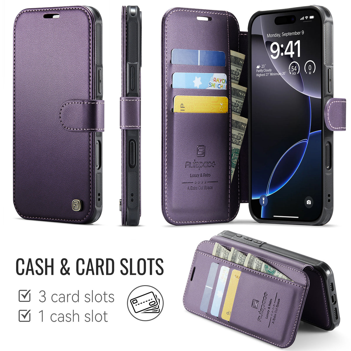 AUTSPACE for iPhone 16 Pro A15 Case RFID Blocking Wallet Leather Magnetic Phone Cover