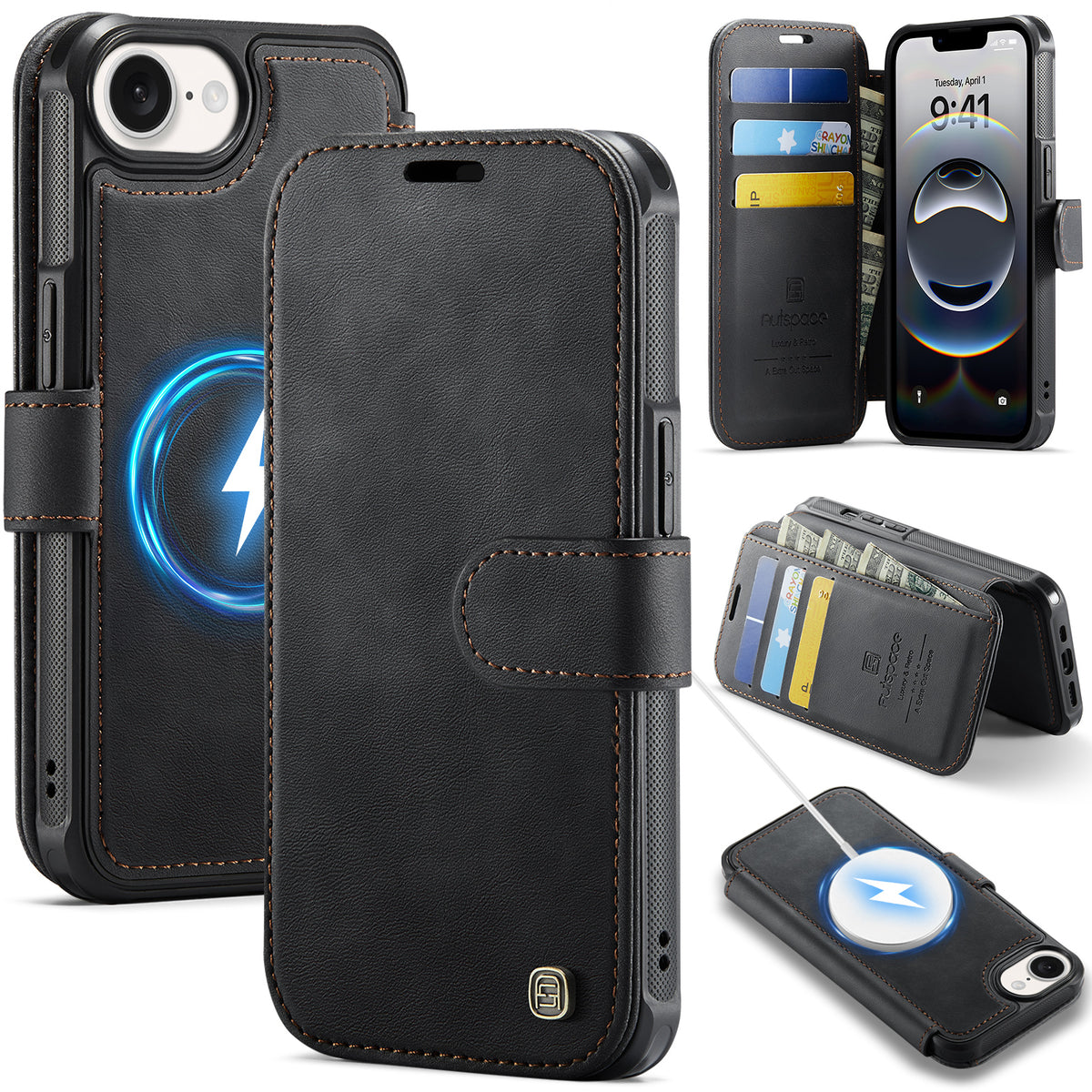 AUTSPACE for iPhone 17th / iPhone 16th A15 Case RFID Blocking Wallet Leather Magnetic Phone Cover