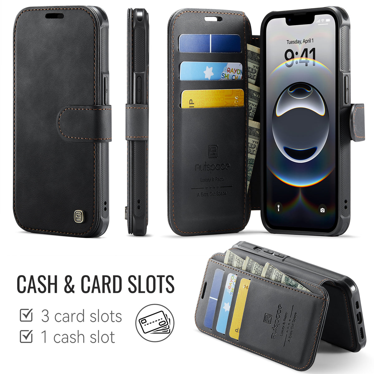 AUTSPACE for iPhone 17th / iPhone 16th A15 Case RFID Blocking Wallet Leather Magnetic Phone Cover