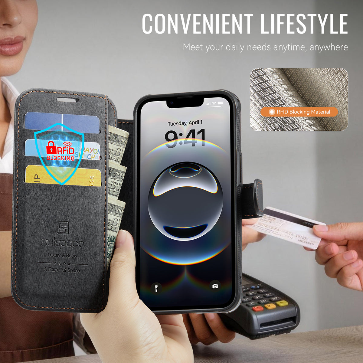 AUTSPACE for iPhone 17th / iPhone 16th A15 Case RFID Blocking Wallet Leather Magnetic Phone Cover