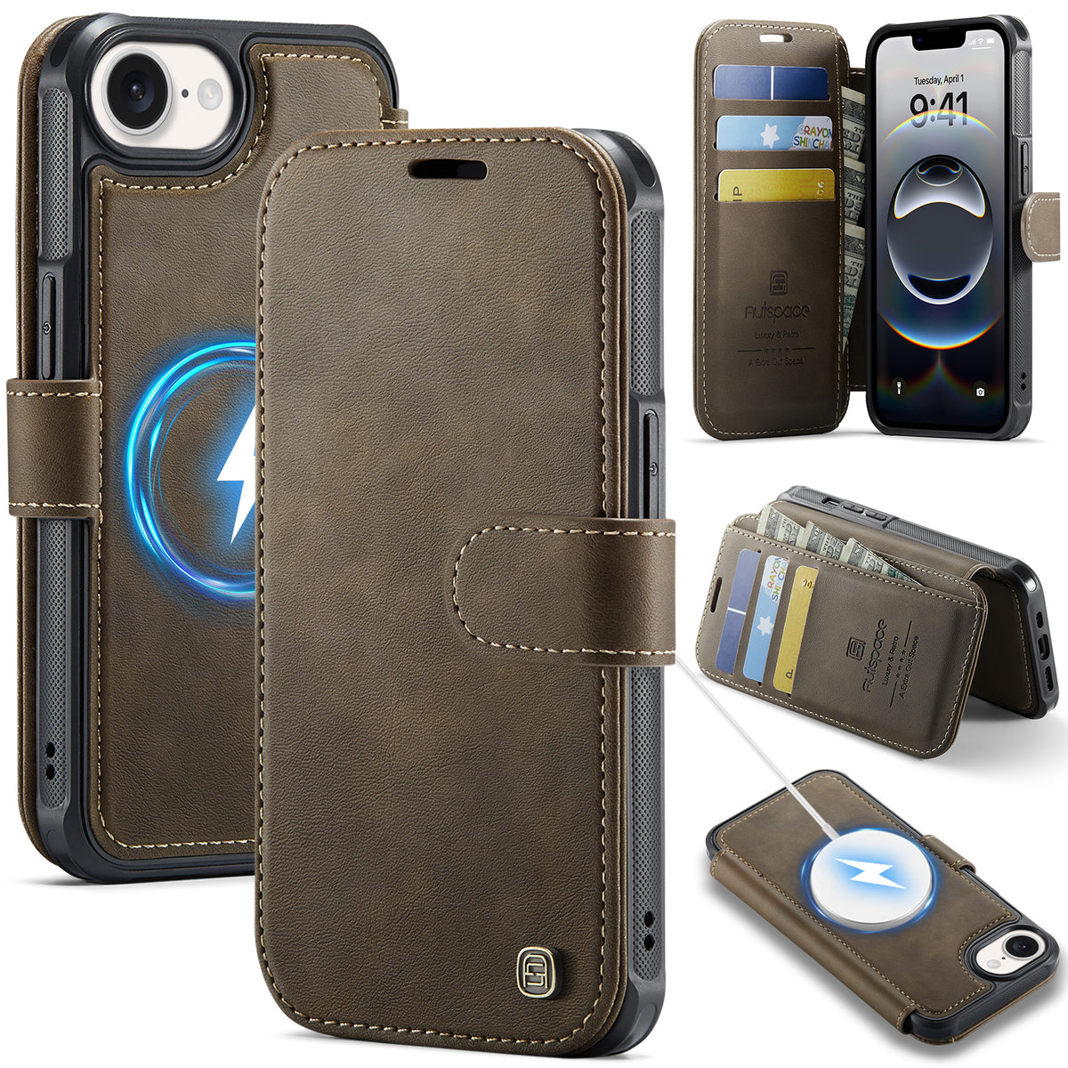 AUTSPACE for iPhone 17th / iPhone 16th A15 Case RFID Blocking Wallet Leather Magnetic Phone Cover