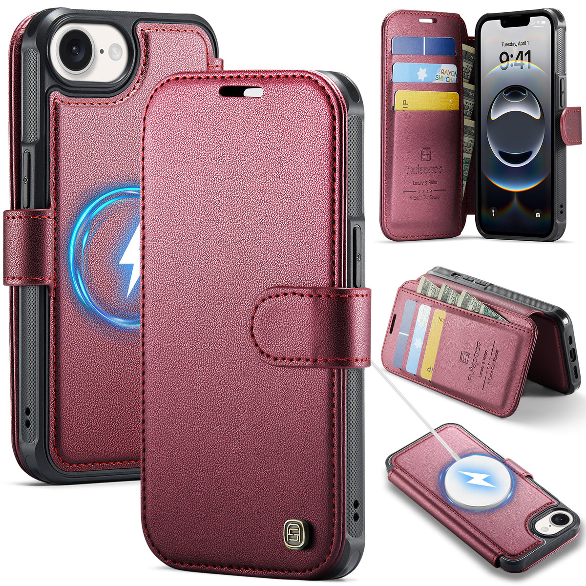 AUTSPACE for iPhone 17th / iPhone 16th A15 Case RFID Blocking Wallet Leather Magnetic Phone Cover