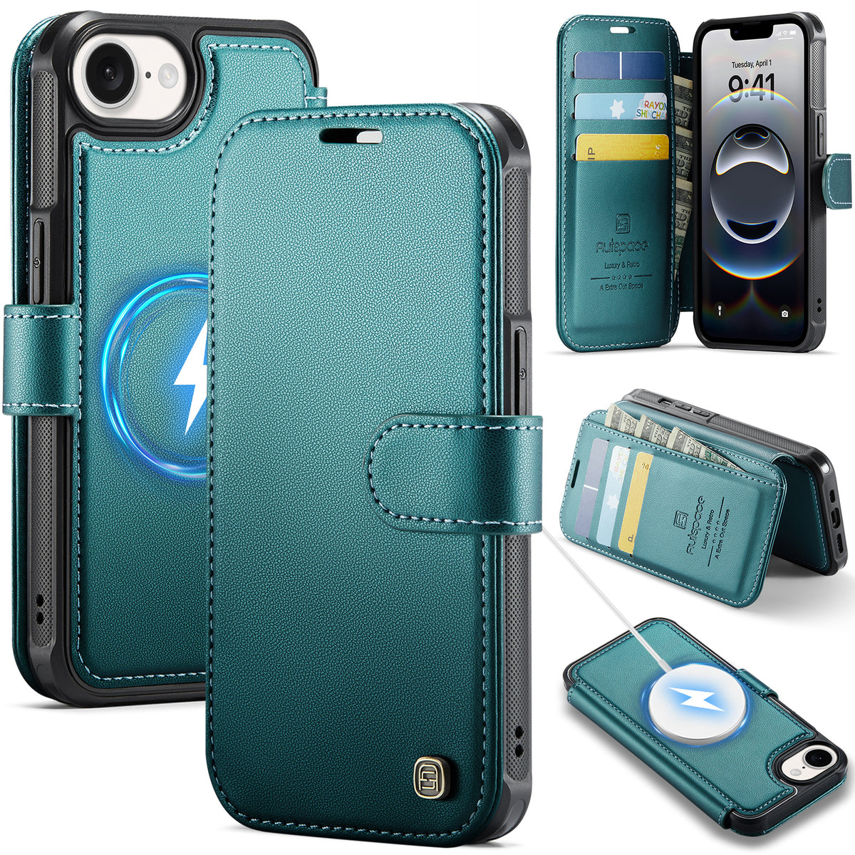 AUTSPACE for iPhone 17th / iPhone 16th A15 Case RFID Blocking Wallet Leather Magnetic Phone Cover