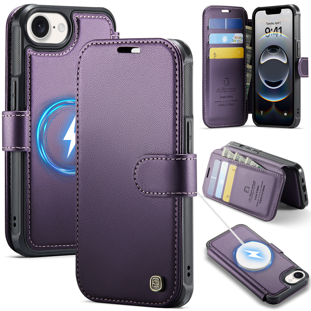 AUTSPACE for iPhone 17th / iPhone 16th A15 Case RFID Blocking Wallet Leather Magnetic Phone Cover