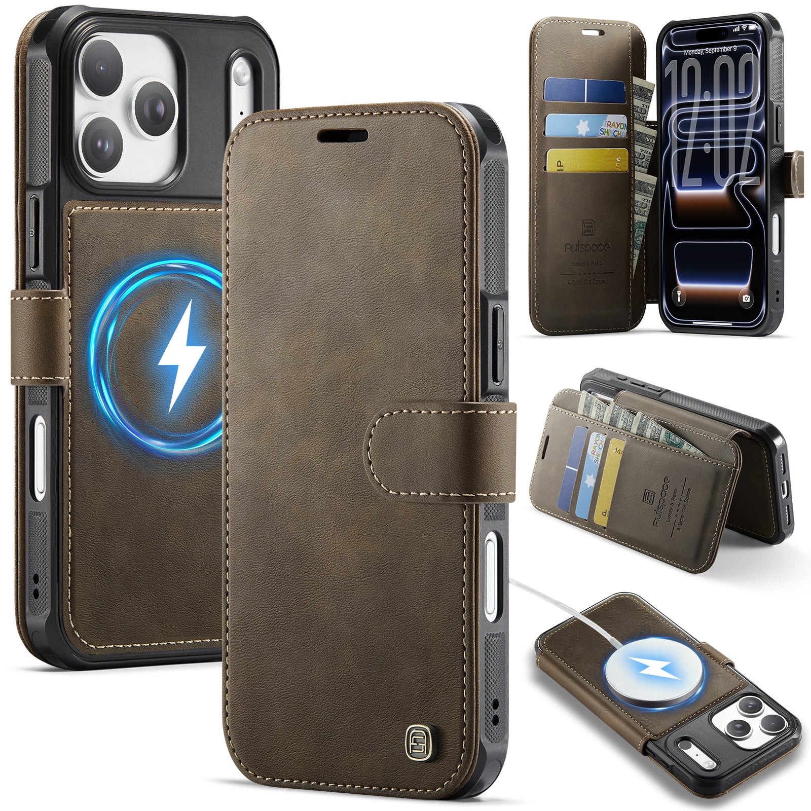 AUTSPACE til iPhone 17 Pro A15 cover RFID-blokerende pung læder magnetisk telefoncover