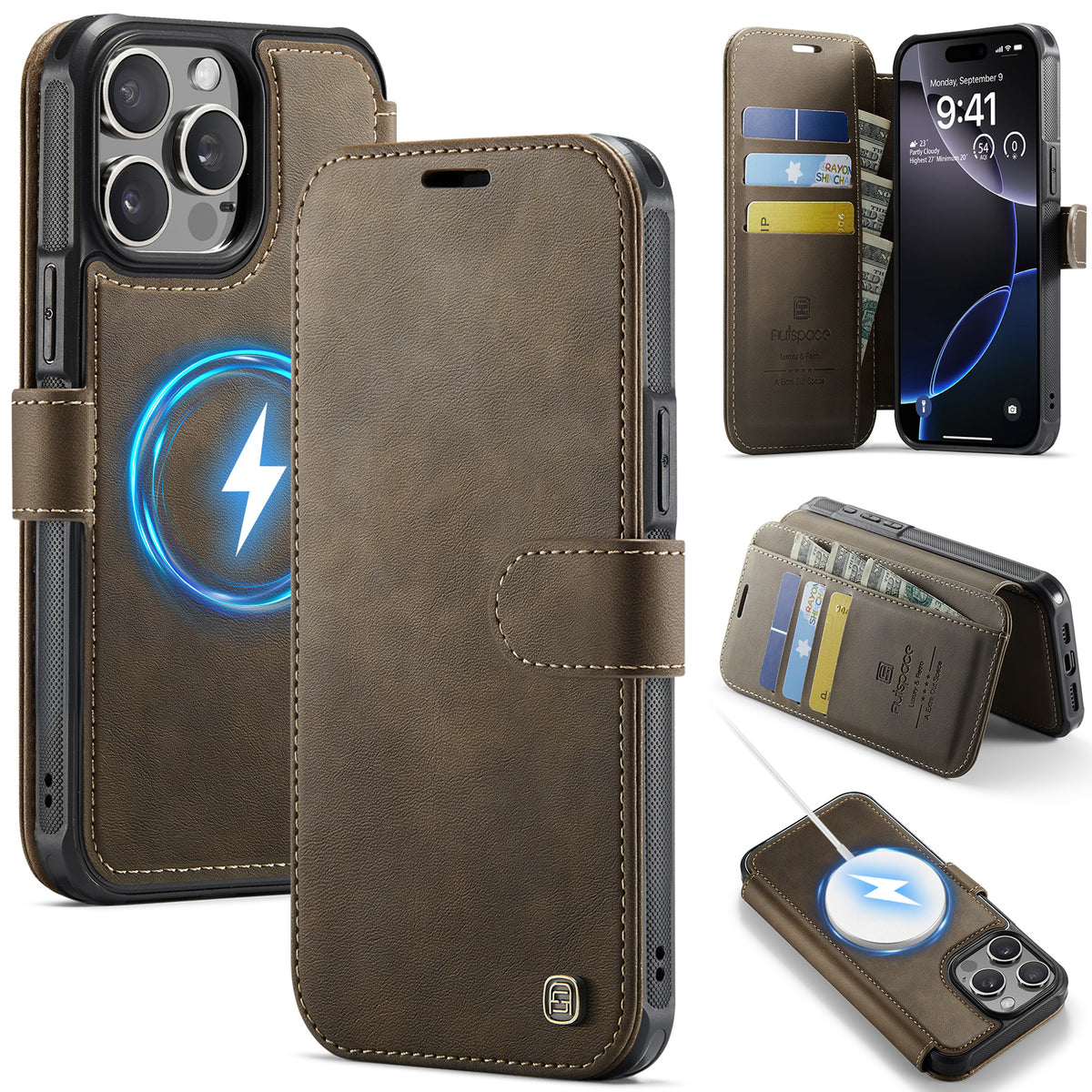 AUTSPACE for iPhone 14 Pro A15 Case RFID Blocking Wallet Leather Magnetic Phone Cover
