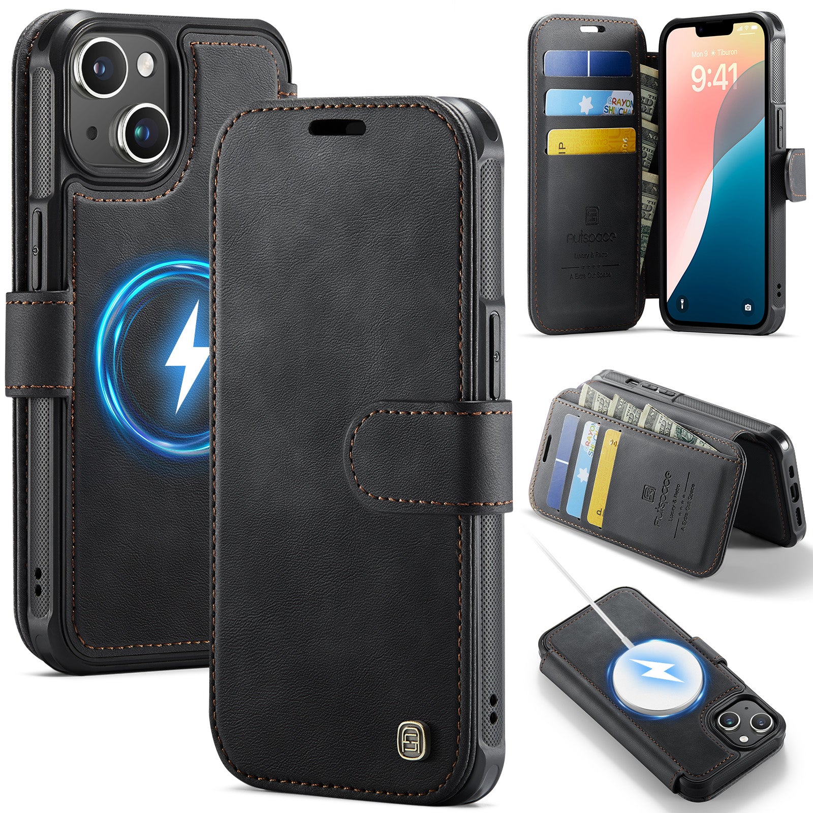 AUTSPACE til iPhone 13 A15 Cover RFID-blokerende pung læder magnetisk telefoncover