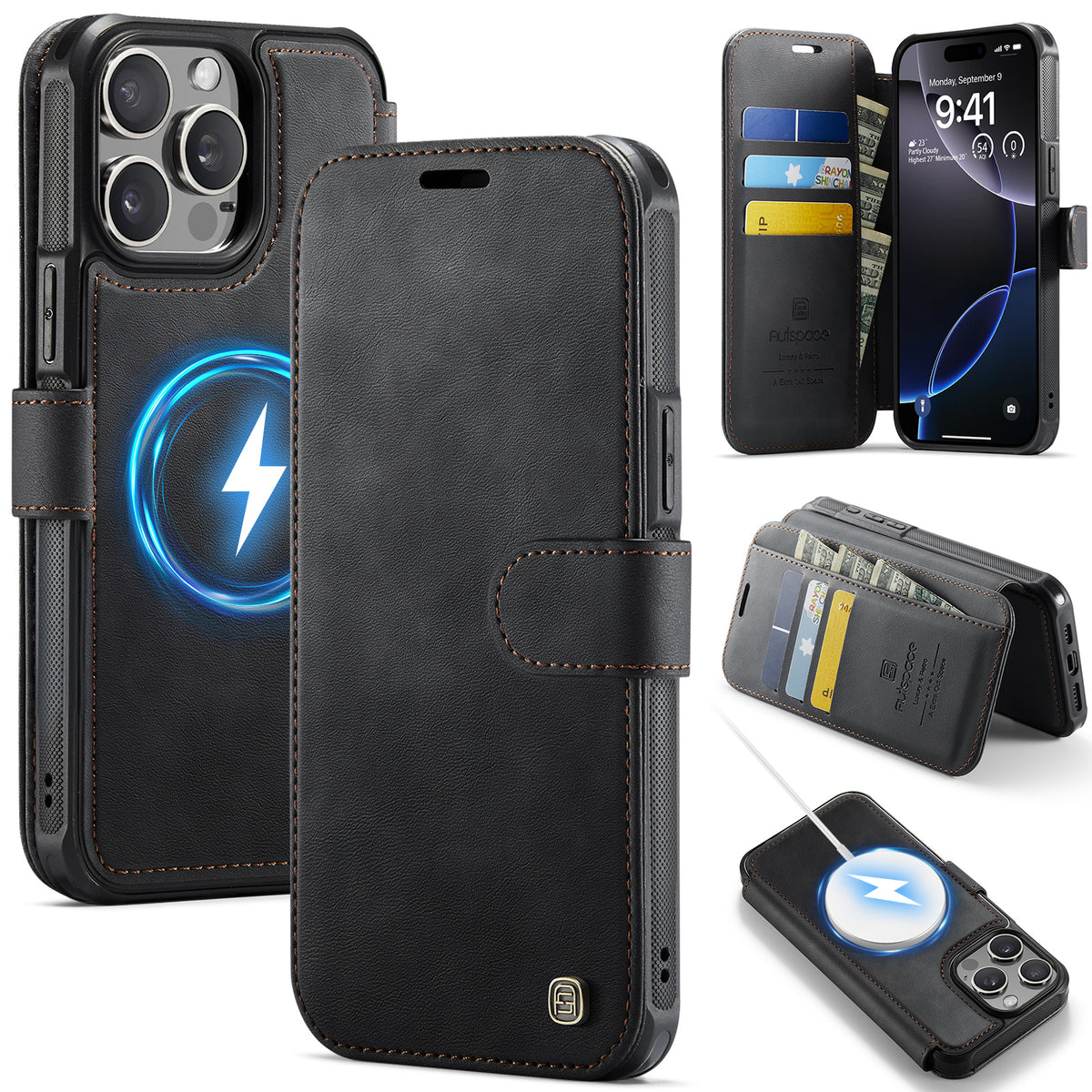 AUTSPACE for iPhone 13 Pro A15 Case RFID Blocking Wallet Leather Magnetic Phone Cover