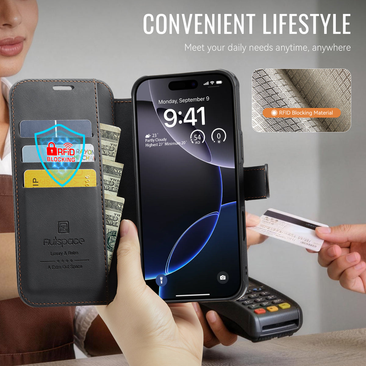 AUTSPACE for iPhone 13 Pro A15 Case RFID Blocking Wallet Leather Magnetic Phone Cover
