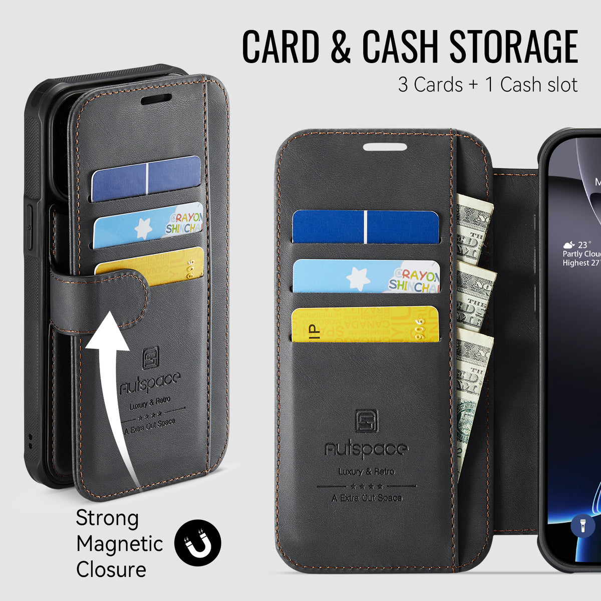 AUTSPACE for iPhone 13 Pro A15 Case RFID Blocking Wallet Leather Magnetic Phone Cover