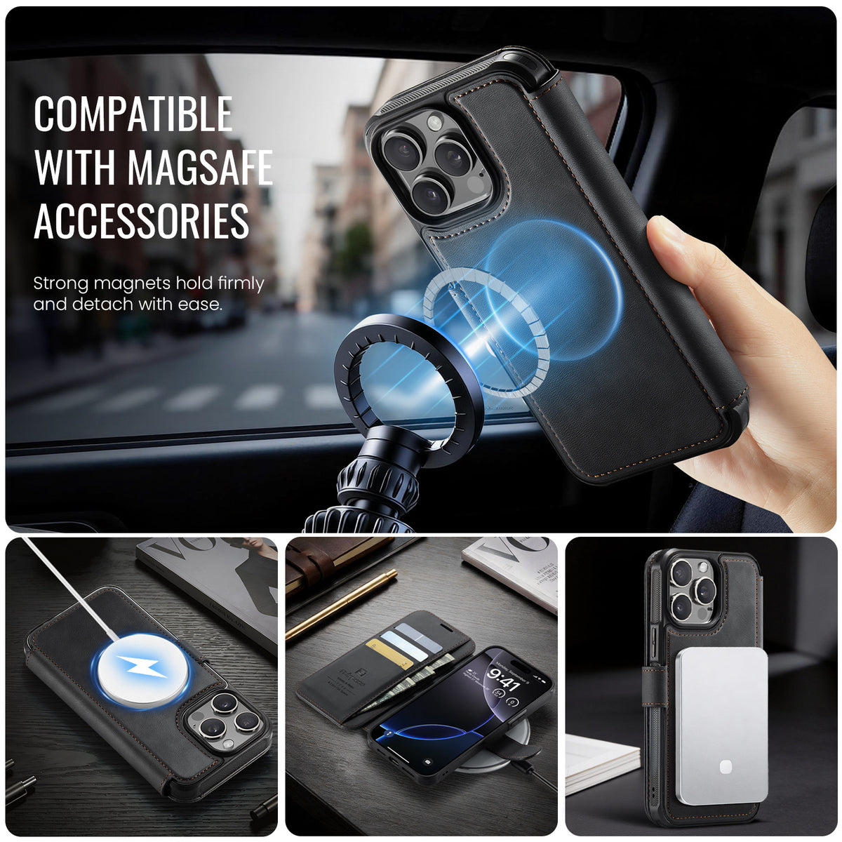 AUTSPACE for iPhone 13 Pro Max A15 Case RFID Blocking Wallet Leather Magnetic Phone Cover
