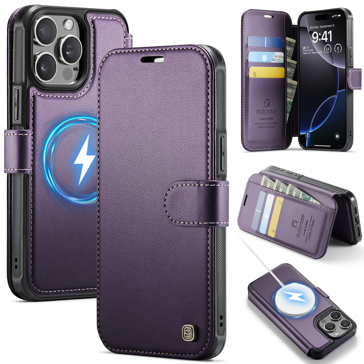 AUTSPACE for iPhone 13 Pro Max A15 Case RFID Blocking Wallet Leather Magnetic Phone Cover