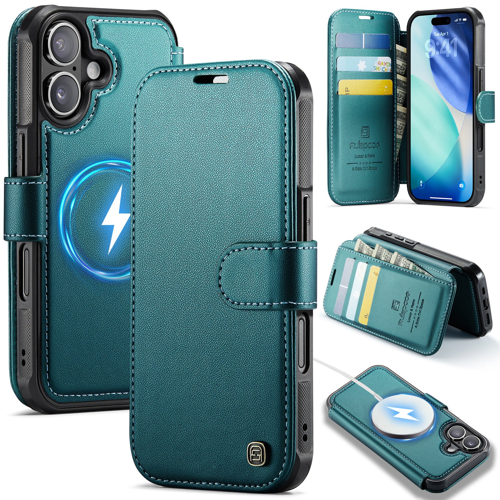 AUTSPACE för iPhone 17 A15-skal RFID-blockerande plånbok i läder, magnetiskt mobilfodral