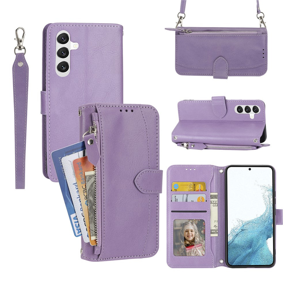For Samsung Galaxy S26 FE Case Zipper Pocket Leather Phone Cover with Crossbody Shoulder Strap