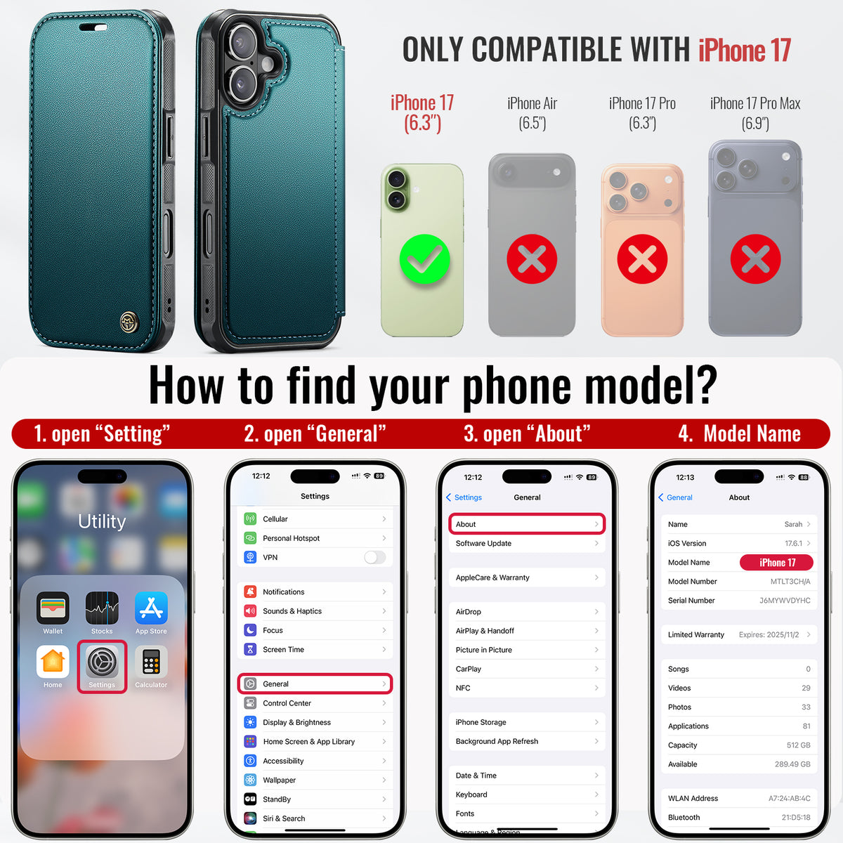 CASEME for iPhone 17 Case  053  Magnetic RFID Blocking Wallet Flip Leather Phone Cover