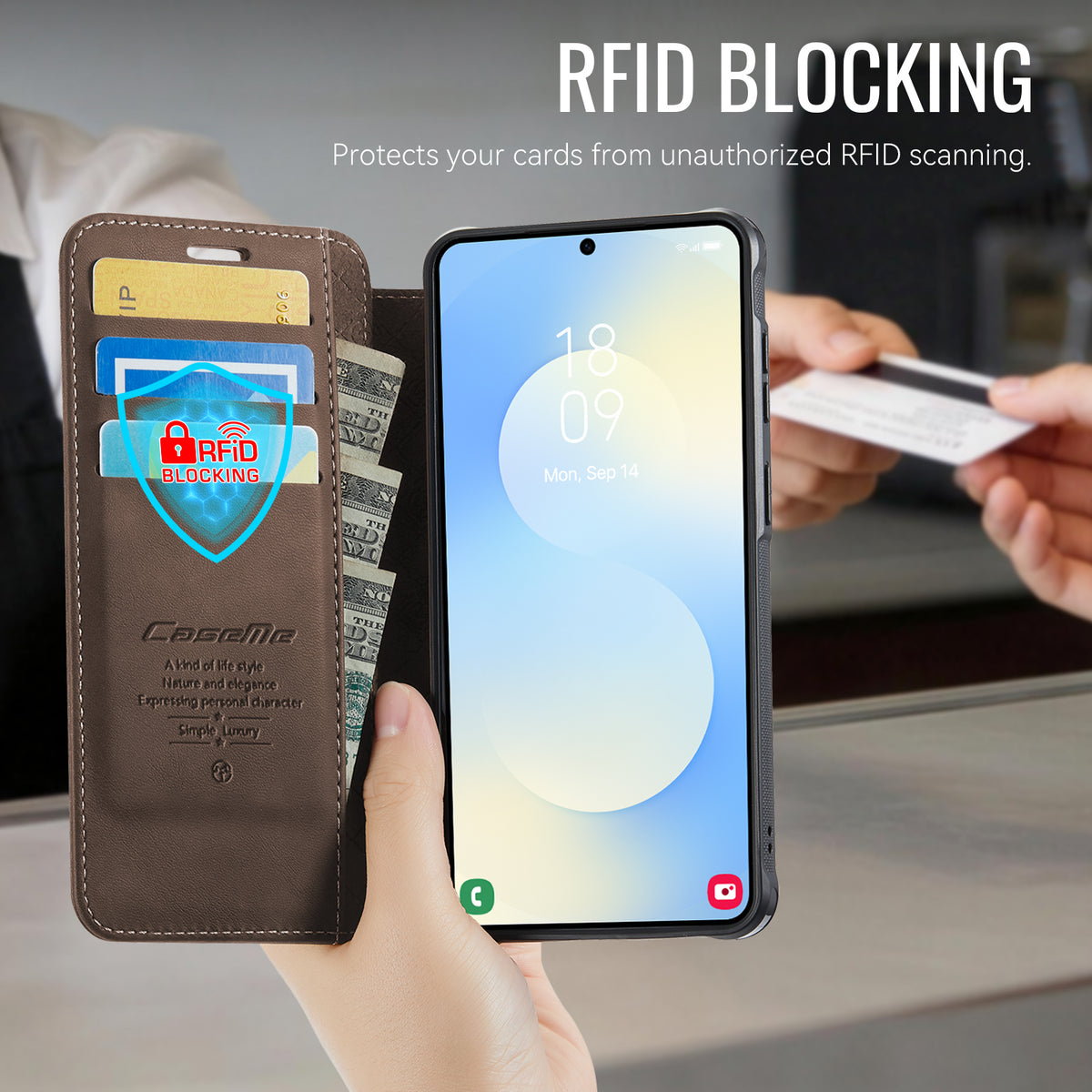 CASEME til Samsung Galaxy S23 FE Cover 053 Magnetisk RFID-blokerende pung, flip-lædertelefoncover