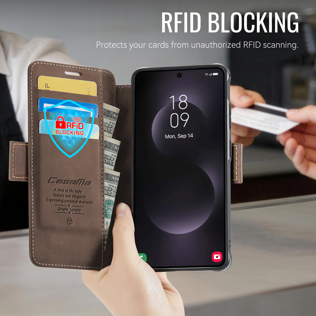 CASEME til Samsung Galaxy S23 Ultra Cover 053 Magnetisk RFID-blokerende Wallet Flip Læder Telefon Cover