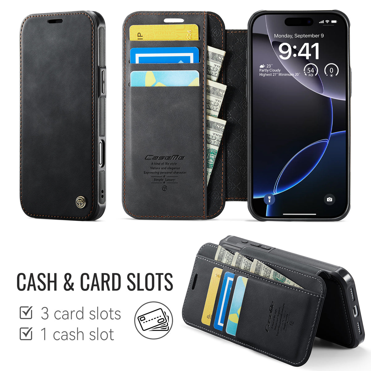 CASEME for iPhone 16 Pro Case 053 Magnetic RFID Blocking Wallet Flip Leather Phone Cover